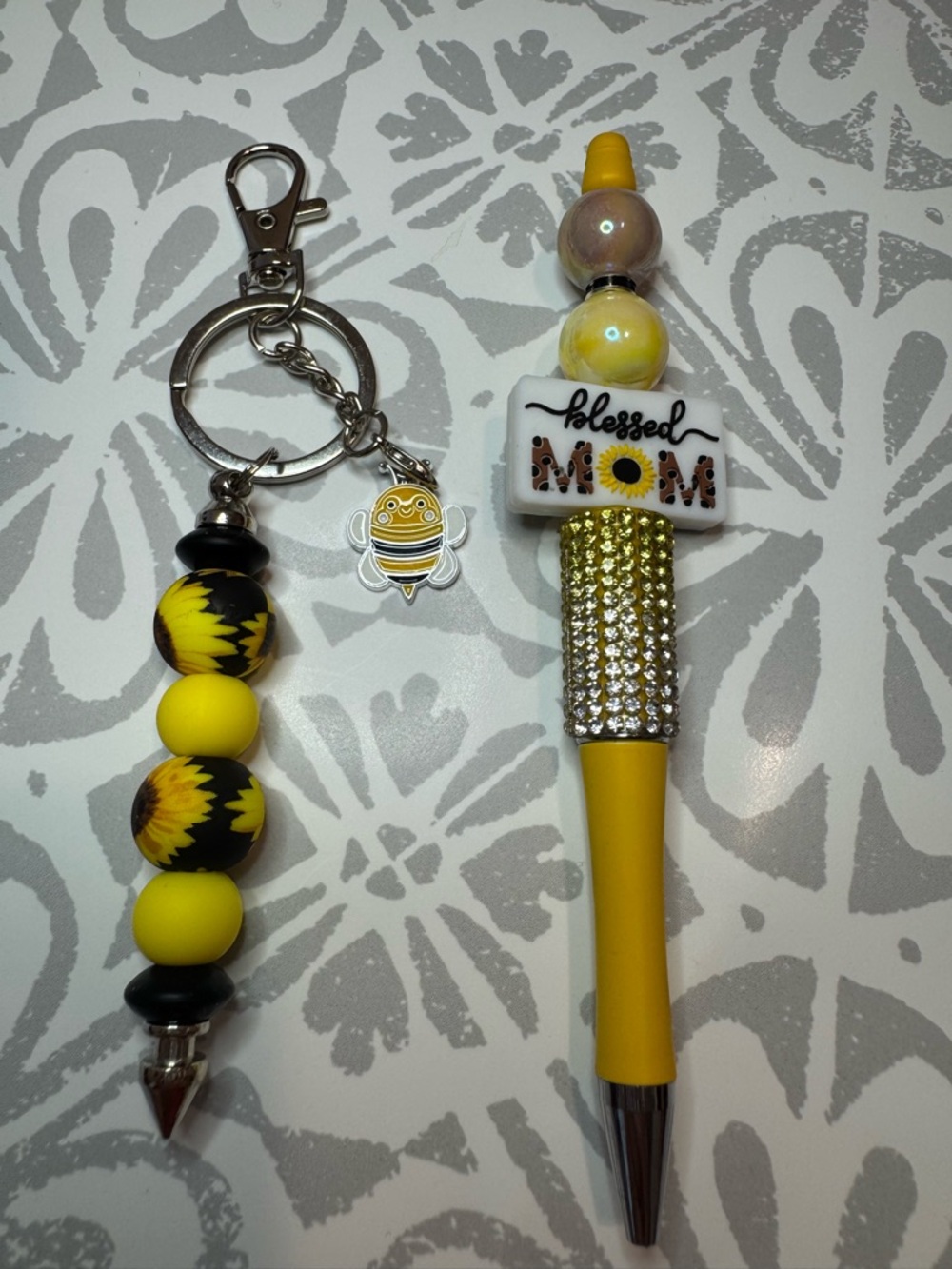 Blessed Mom Yellow Beaded Pen & Keychain Set